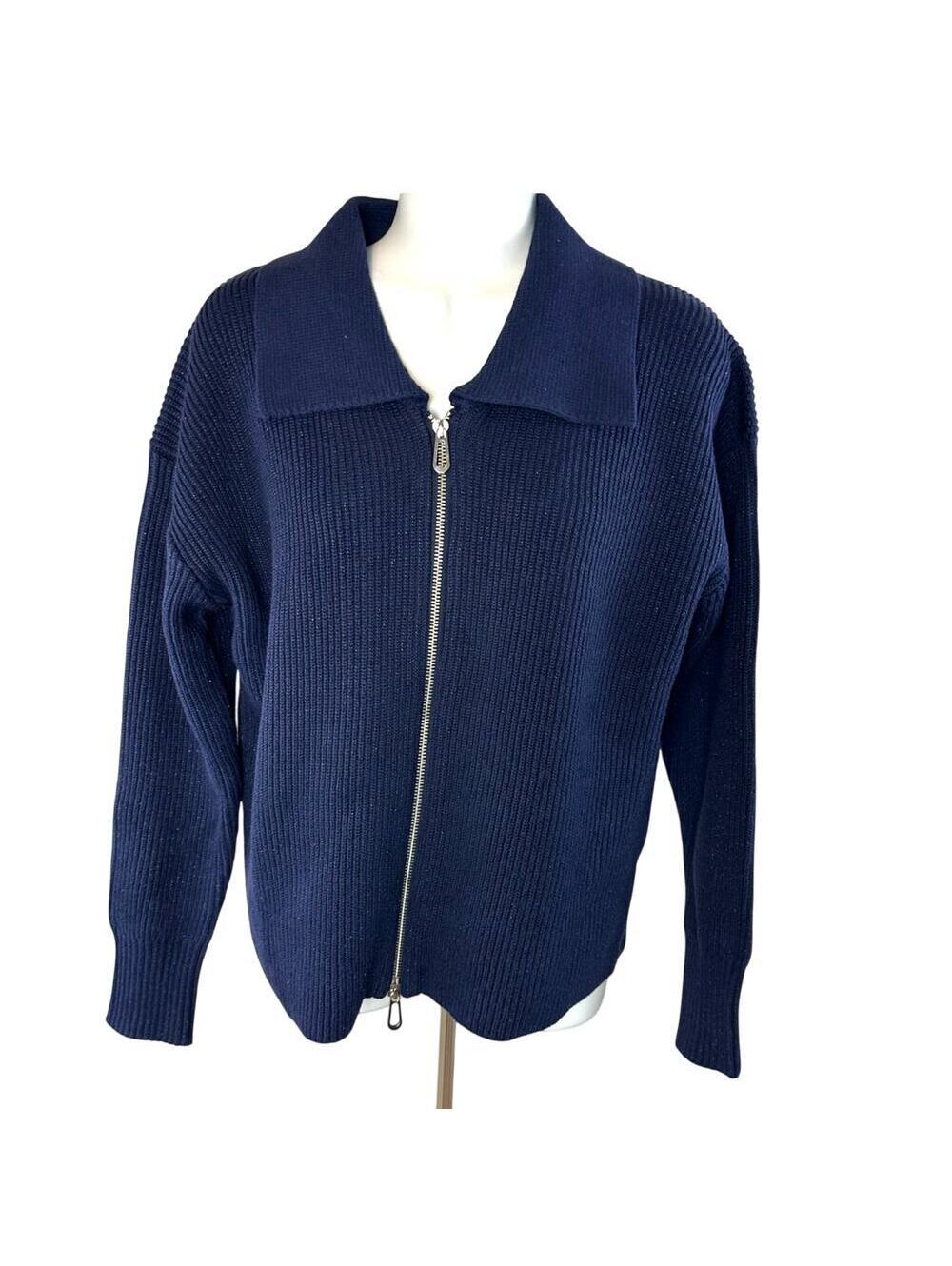 Sm NWT French Connection Janica Indigo Lurex Metallic Full-Zip Collar Cardigan